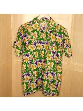 Waikiki Creations Mens Green Floral Tropical Hawaiian Shirt Large